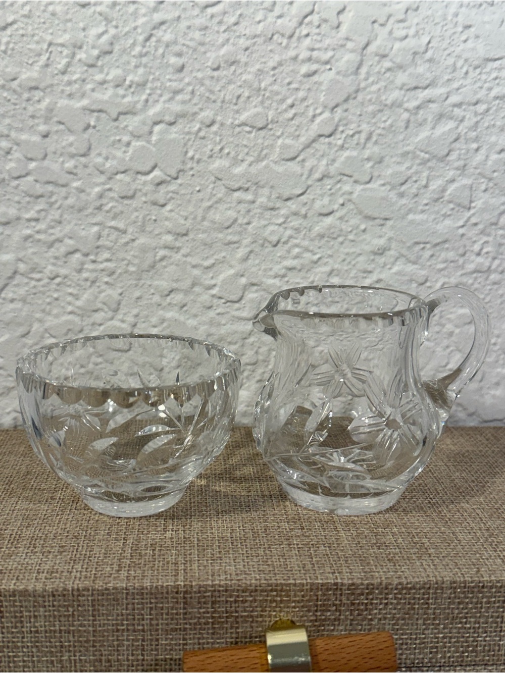 Vintage Cut Glass Creamer & Sugar Bowl Set Daisy Floral Starburst Pattern